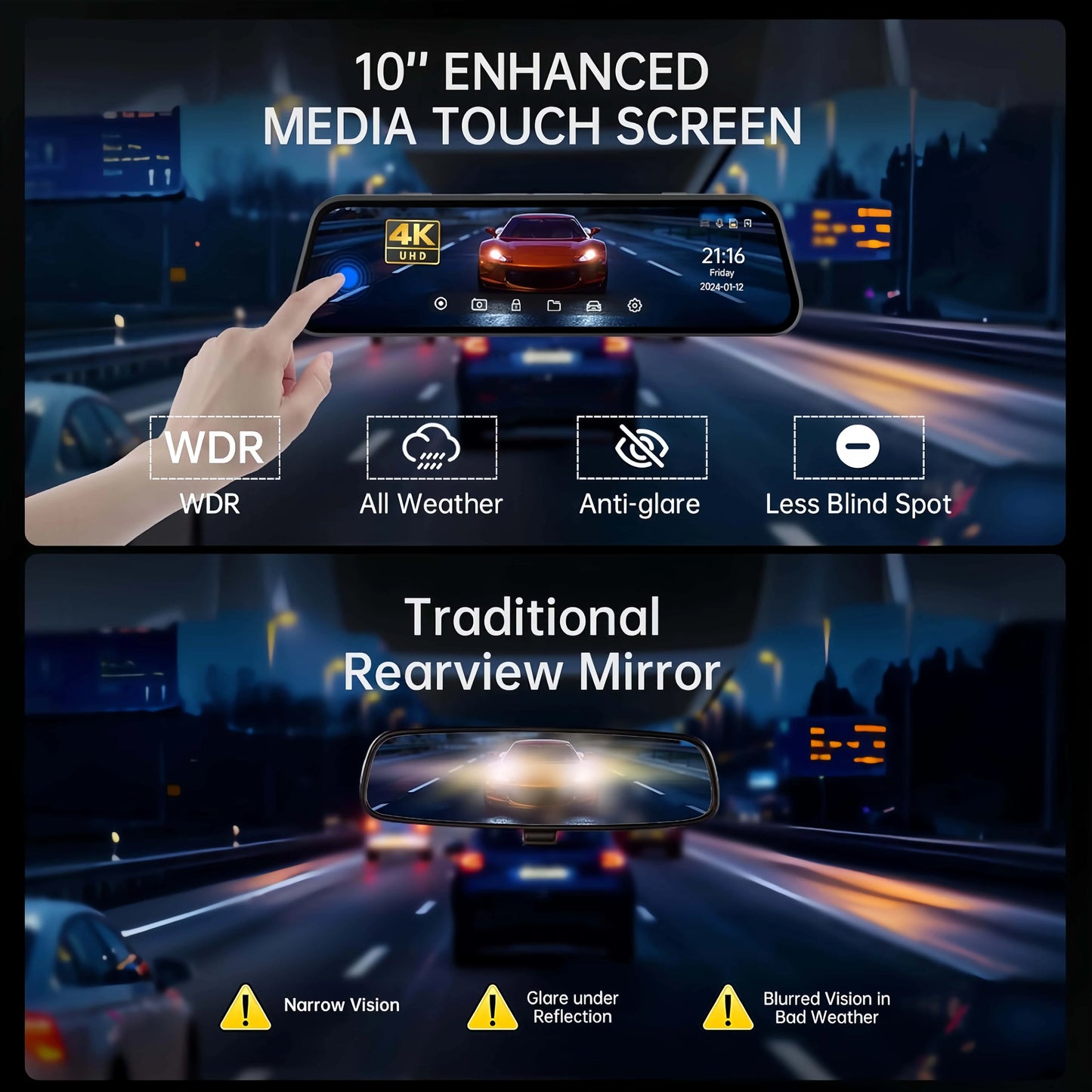 10" 4K Mirror Dash Cam, 24H Parking Monitor, Loop Recording, Universal