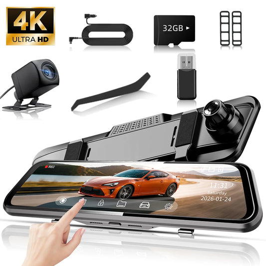 10" 4K Mirror Dash Cam, 24H Parking Monitor, Loop Recording, Universal