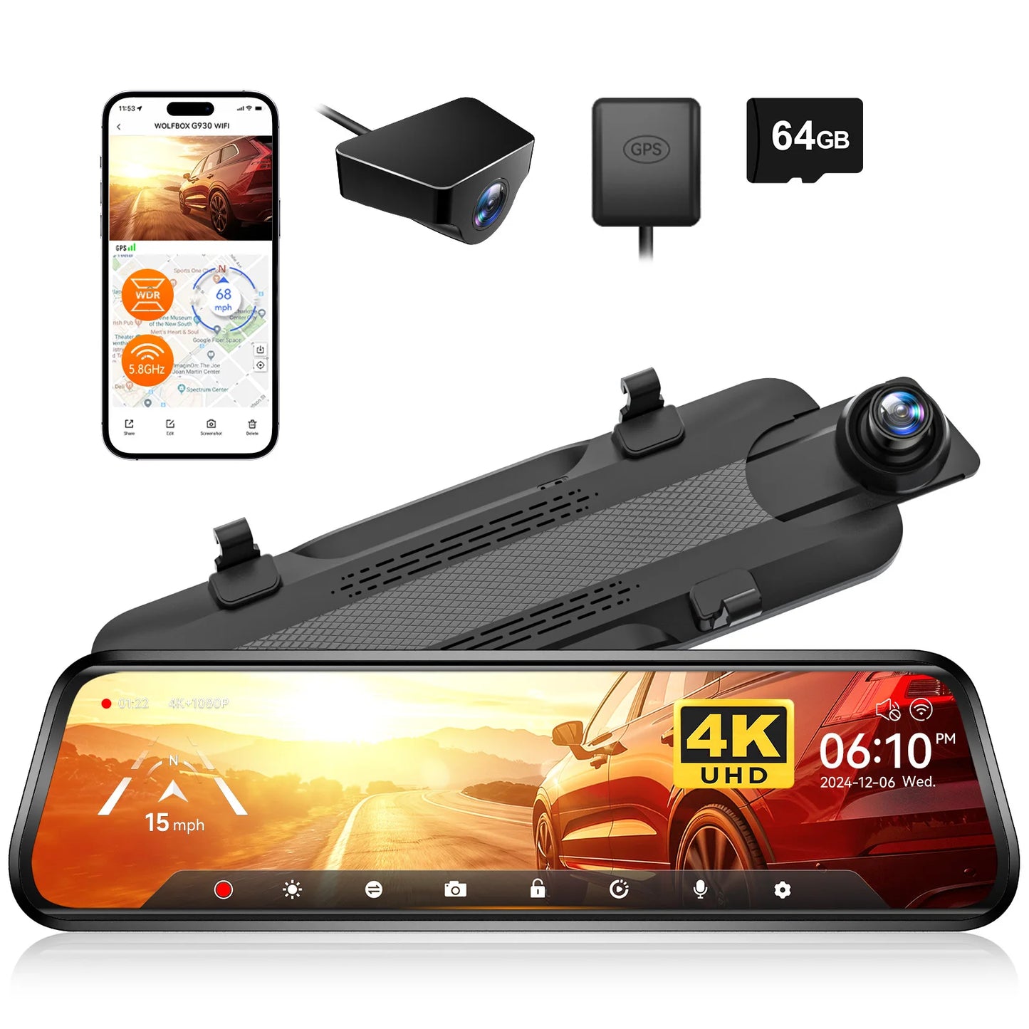 WOLFBOX G930 10 Inch Wifi 4K Dash Camera