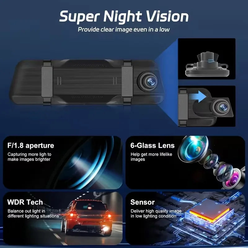 10" 4K Mirror Dash Cam, 24H Parking Monitor, Loop Recording, Universal
