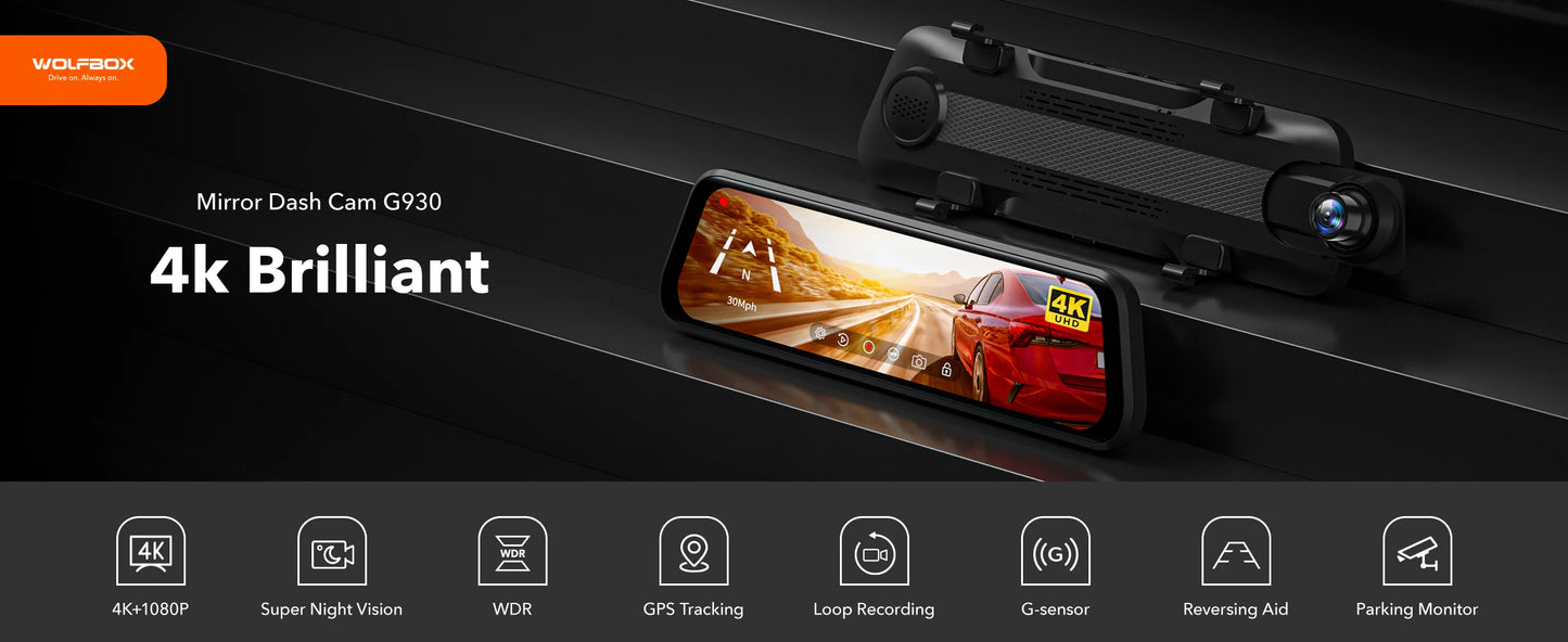 WOLFBOX G930 10 Inch Wifi 4K Dash Camera