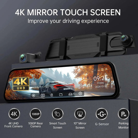 10" 4K Mirror Dash Cam, 24H Parking Monitor, Loop Recording, Universal