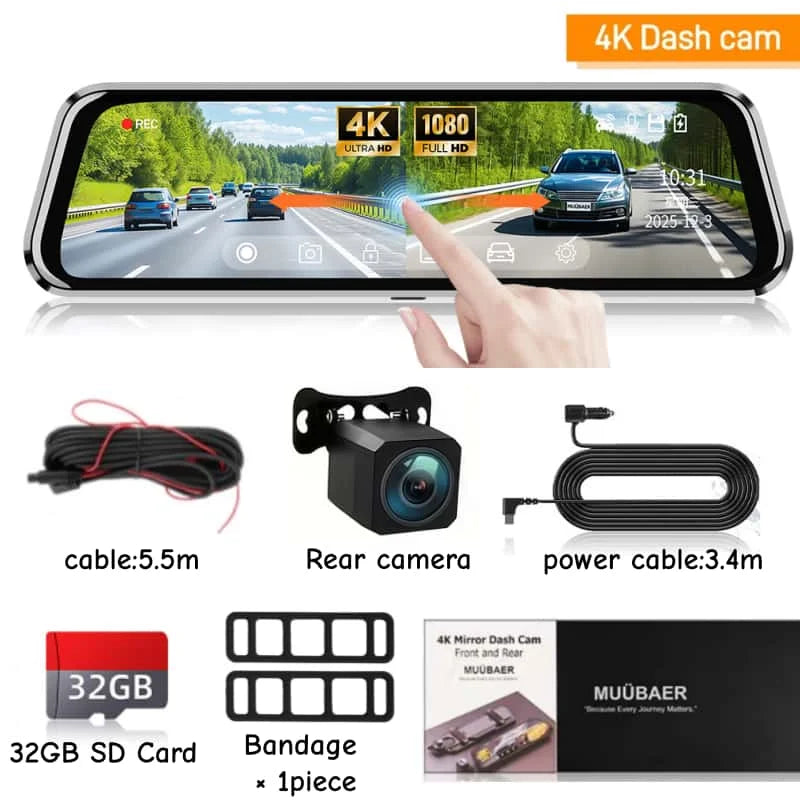 10" 4K Mirror Dash Cam, 24H Parking Monitor, Loop Recording, Universal